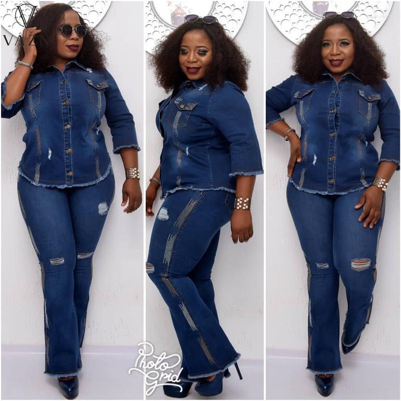 

Women's Two Piece Pants VAZN 2022 INS High-end Denim Set Solid Young Casual Office Lady Sweet Full Sleeve Long Flare 2 Slim For Women, Blue