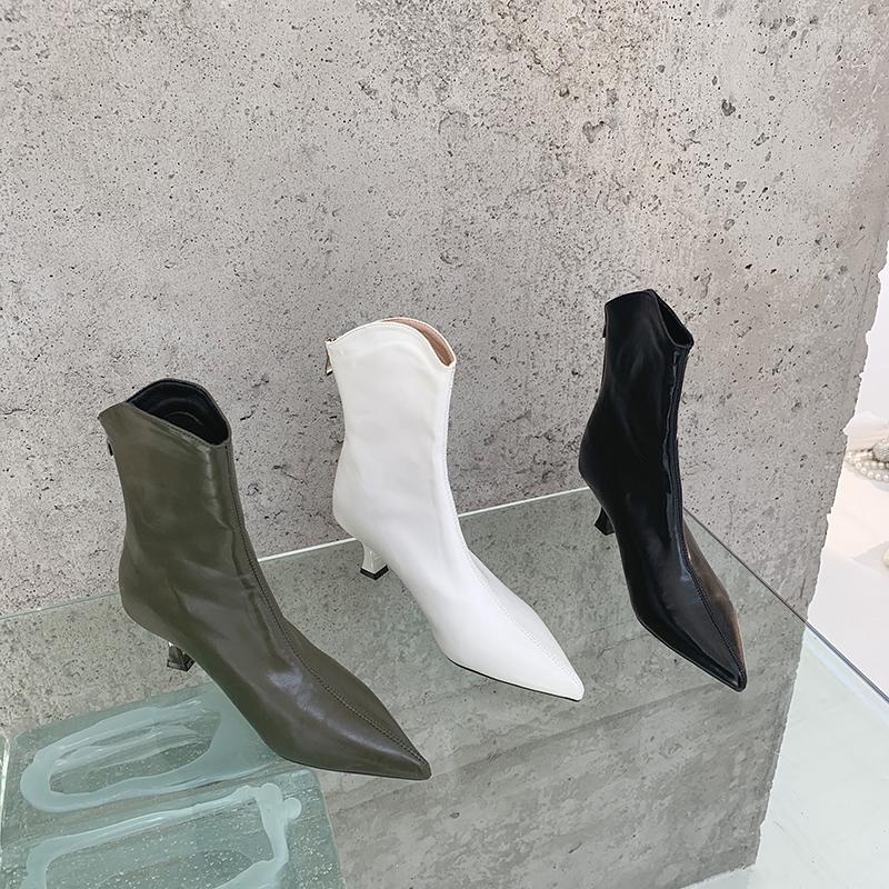 

Boots Pointed Toe Women Chlesea Thin Low Heels Black Green White Back Zipper Sock Solid Color Autumn Winter Booties 35-39