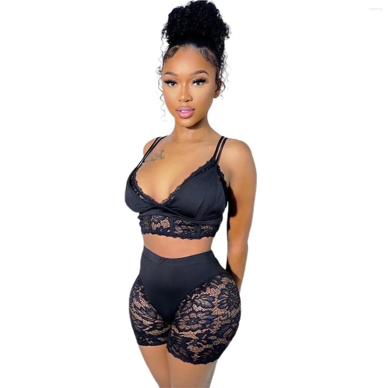 

Women' Tracksuits Black Two Piece Set Hollow Lace Patchwork Crop Top Shorts Lingerie For Women 2022 Sexy Underwear