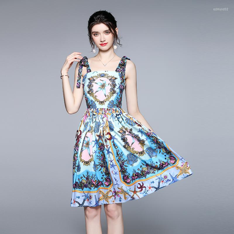 

Casual Dresses Women's Spaghetti Strap Holiday Boho Sexy Dress High Quality 2022 Designer Summer Runway Floral Print Short K6826, Blue