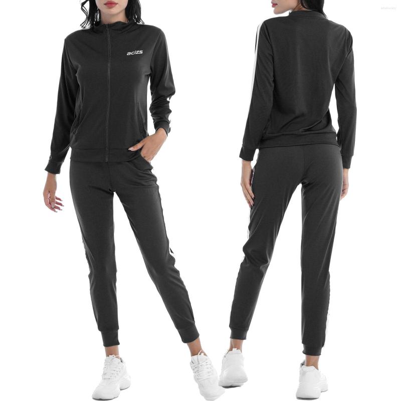 

Women' Two Piece Pants Women Casual Running Sets Sportswear 2Pcs Yoga Sport Outfits Tracksuits Stand Collar Front Zipper Coat And For Gym, Black