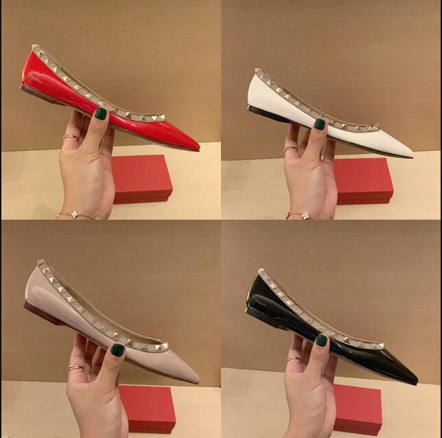 

Women Pointed Shoes Rivets Flat Sandals Genuine Leather Black Nude Shallow Sexy Red Shiny Wedding Shoes with Box and Dust Bag 34-44, Grey shiny