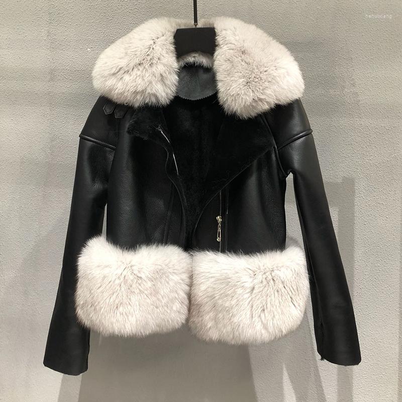

Women's Leather Good Material Women's Winter Sheep Shearing Fur Lining Female Natural Real Collar Short Slim Genuine Jackets, Black