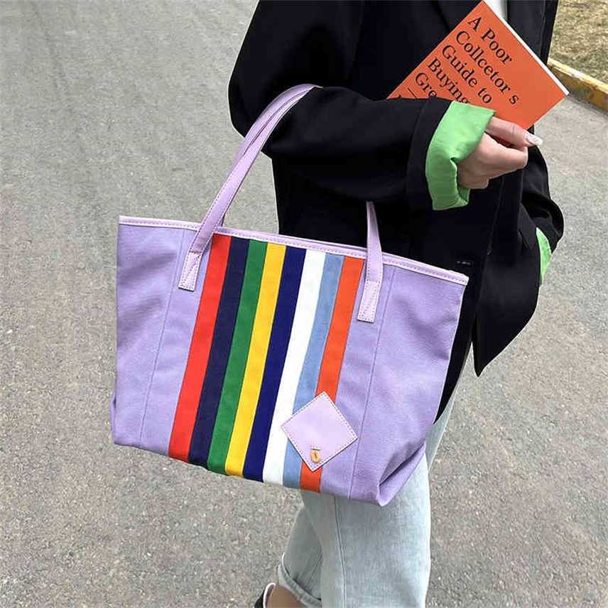 

Bags commuting sling single shoulder large bag for women leisure simple capacity Rainbow Stripe canvas portable Tote Bag Purses, Purple
