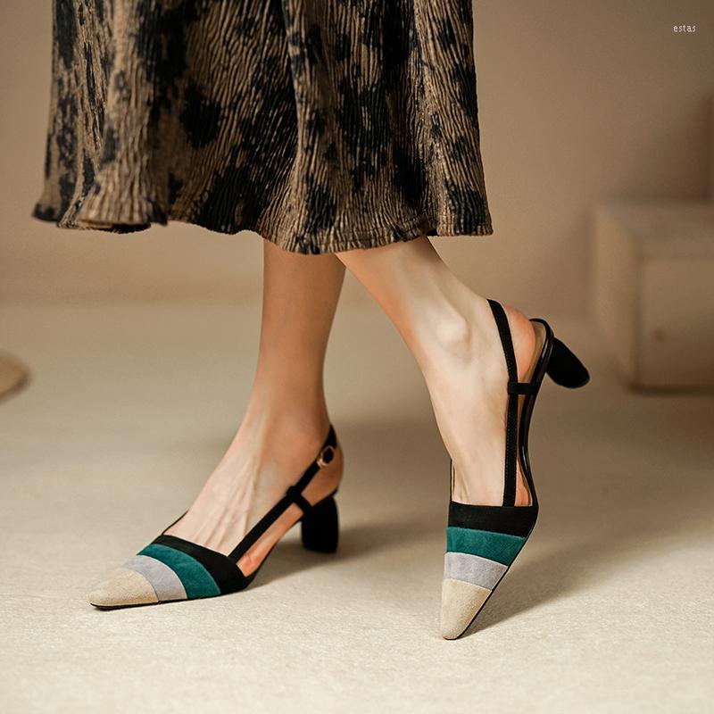 

Dress Shoes 2022 Full Leather Slingbacks Pumps Fashion Elegant Square Toe Sandals Suede Heels Ladies Buckle Strap, Black
