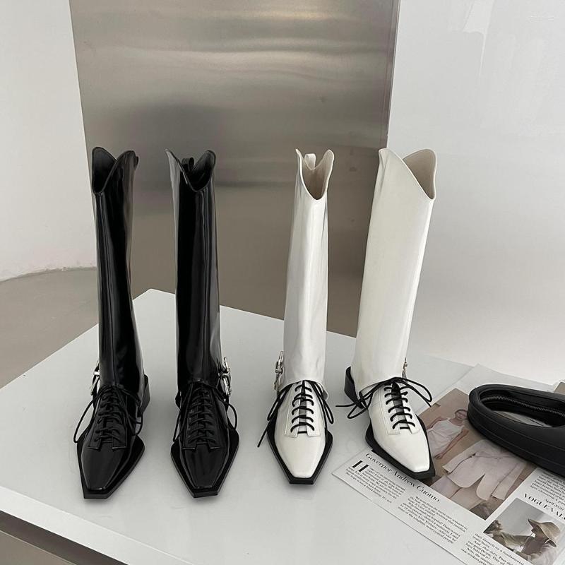 

Boots Black White Women Knee High Square Toe Cross Tied Lace Up Flat Mid Heels Patent Leather Fashion Pumps Dress Shoes Woman 39