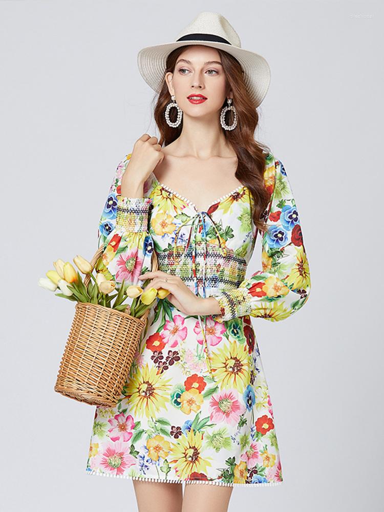 

Casual Dresses 2022 Fashion Runway Summer Dress Women' Bow V-Neck Long Lantern Sleeves Floral Print Retro Slim Mini, Mixed color