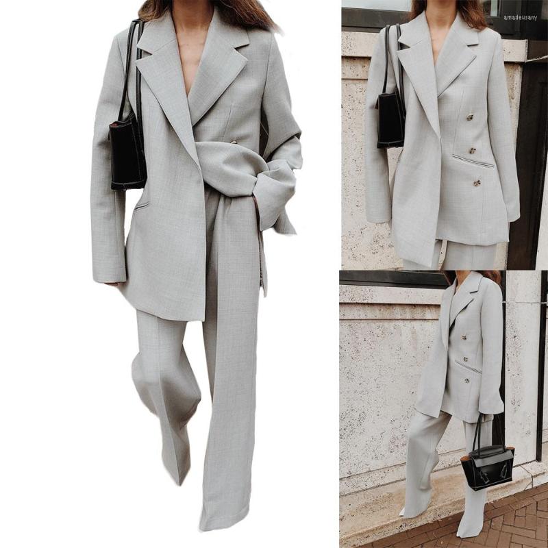 

Women's Two Piece Pants Elegant Fashion Women Blazer Suits Designed Notched Lapel Wide Legs 2 Pieces Set Office Lady Casual Daily Coat, Gray
