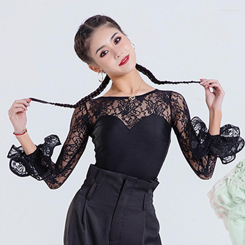 

Stage Wear Long Sleeve Ballroom Latin Dance Tops Women Sexy Lace Stitching ChaCha Practice Tango Rumba Performance Clothes 3249