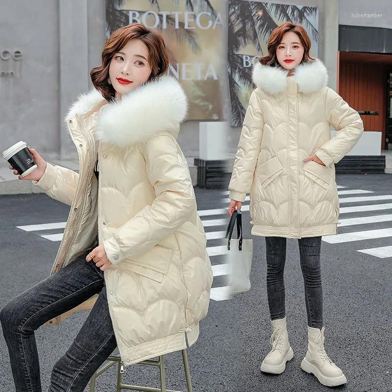 

Women's Down Glossy Cotton Jacket Women 2022 Korean Loose Parkas Mid-Length Large Fur Collar Thick Mujer, Black