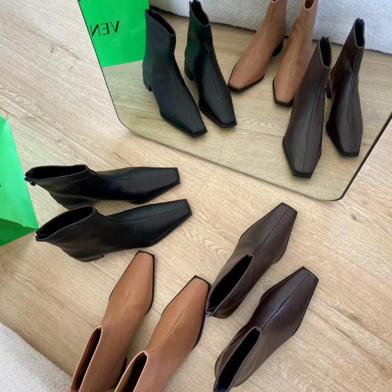 

Boots Square Toe Women Ankle 2022 Arrivals Black Brown Khaki Fashion Winter Party Pumps Flat Low Heels Back Zipper Booties