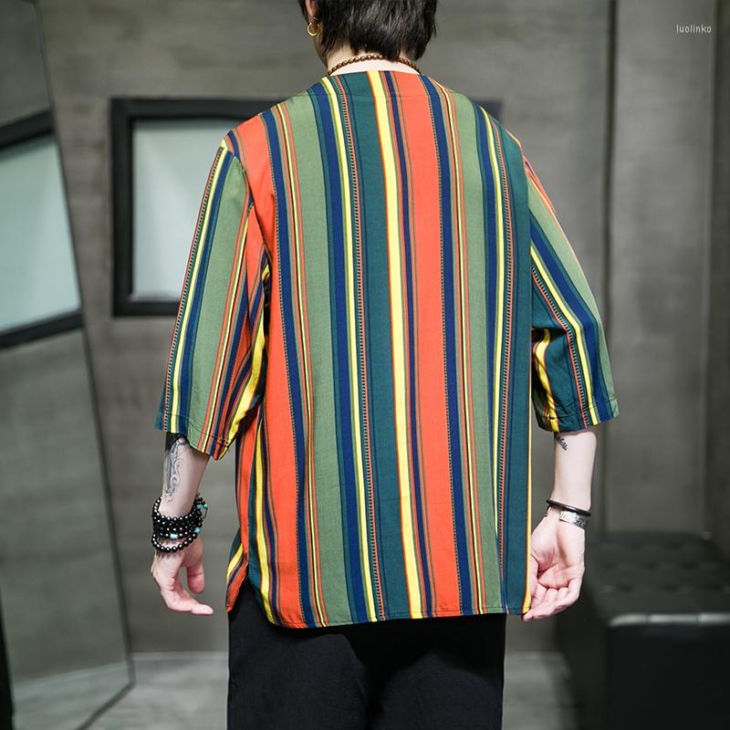

Men's T Shirts 2022 Chinese Style Men'S Summer Thin Striped T-Shirts Loose Plus Size Short Sleeve Retro Tang Suit Ethnic Clothes Tops, Photo color