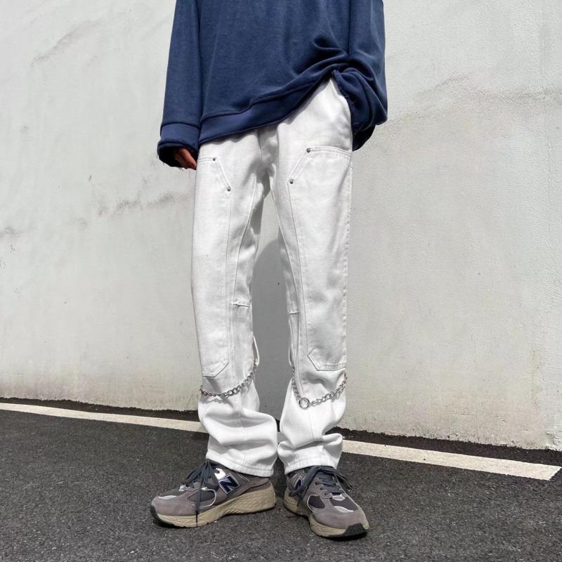 

Men' Jeans White Black Baggy Men Fashion Chain Casual Straight Mens Japanese Streetwear Hip Hop Denim Pants Trousers -4XL