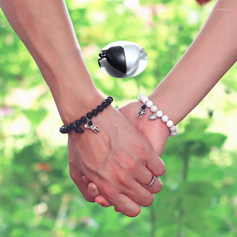 

Charm Bracelets 2pcs/pair Yin Yang Heart Magnetic Bracelet Astronaut Key Lock Couple Braclet Natural Stone Black White Beads Braslet Gifts