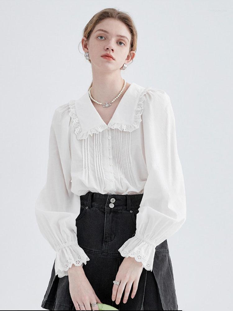 

Women' Blouses Chic Fashion Lace Print Women Shirt Vintage Long Sleeve Single Breasted Solid Color Casual Holiday Elegant French Female, White