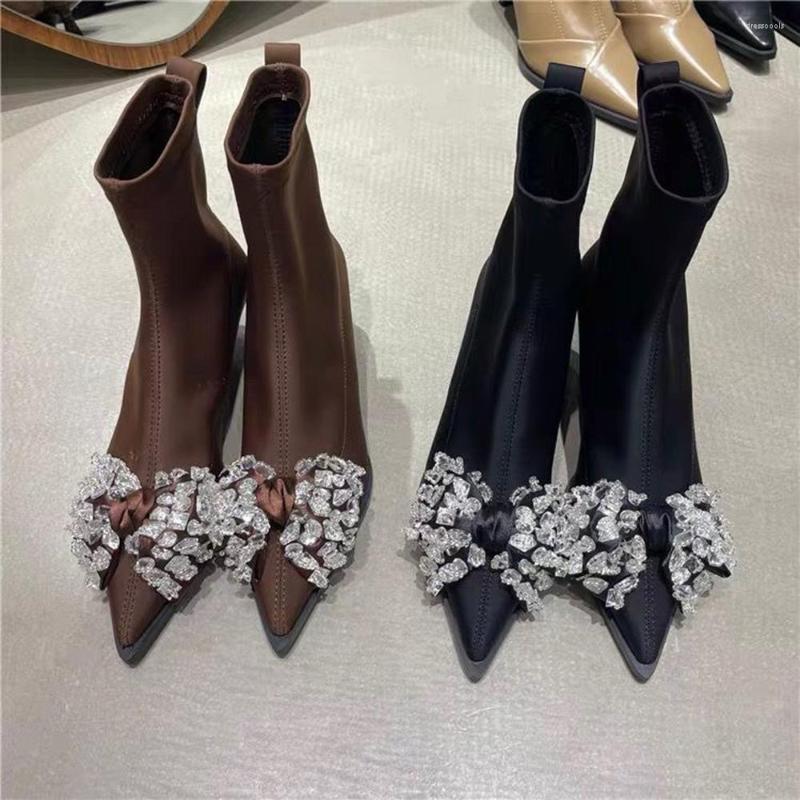 

Boots Pointed Toe Women Ankle 2022 Arricals Crystal Rhinestone Sock Booties Thin Mid Heels Bow Design Slip On Stretch Shoes, Black