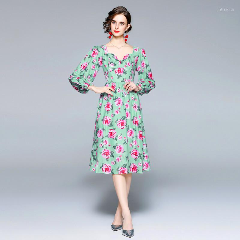 

Casual Dresses Spring Autumn Bohemain Midi Dress Women's Bow V-Neck Long Puff Sleeve Green Floral Print Party K8616