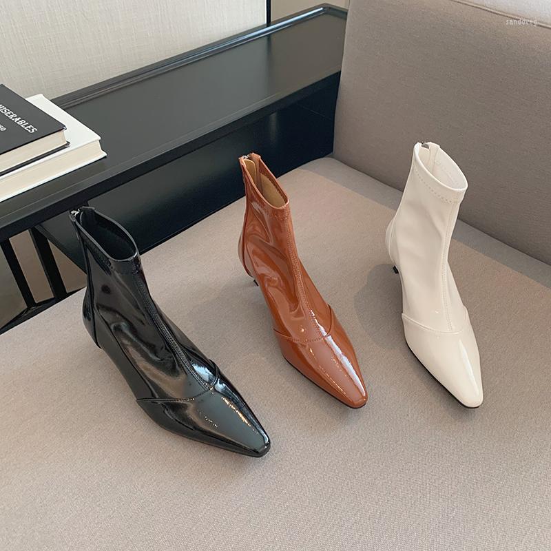 

Boots Fashion Women Short Ankle Pointed Toe Thin Mid Heels Spring Autumn Ladies Party Dress Shoes Back Zipper Black Brown White