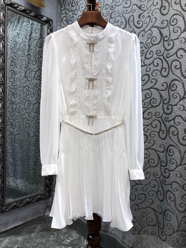 

Casual Dresses Est Fashion White Dress 2022 Autumn Women Crystal Beading Belt Ruffle Deco Long Sleeve A-Line Party Club Elegant, Picture shown