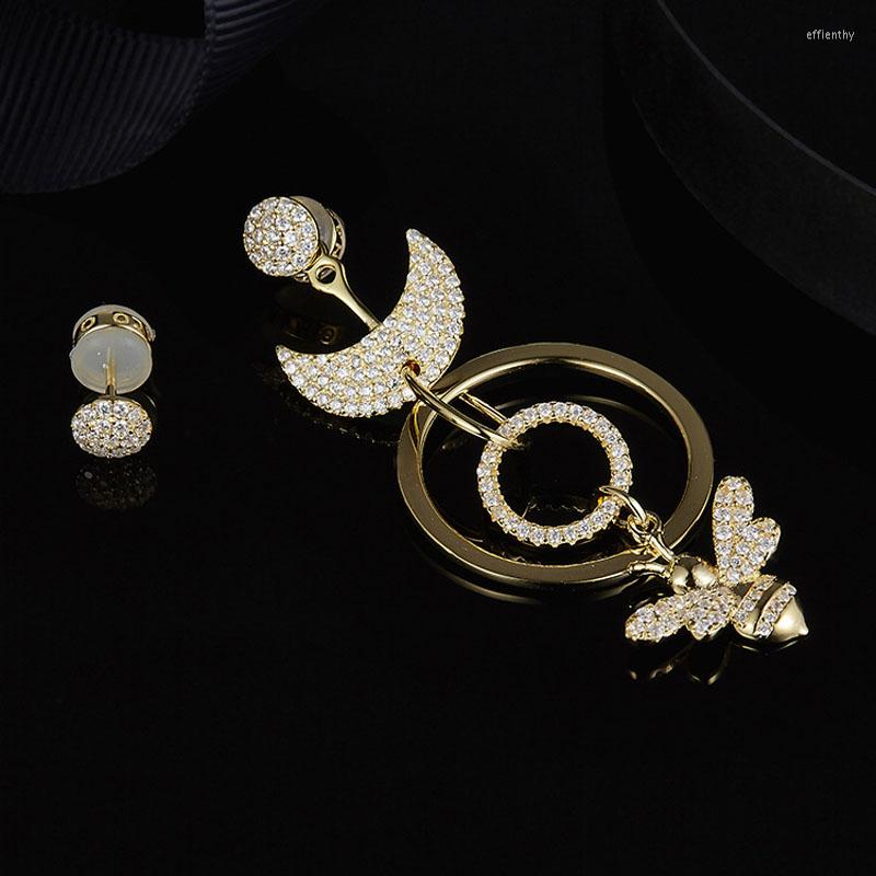 

Dangle Earrings SOELLE 925 Sterling Silver Asymmetric Gold Color Crescent Moon With Bees Circle Zircon AB Women Luxury Jewelry