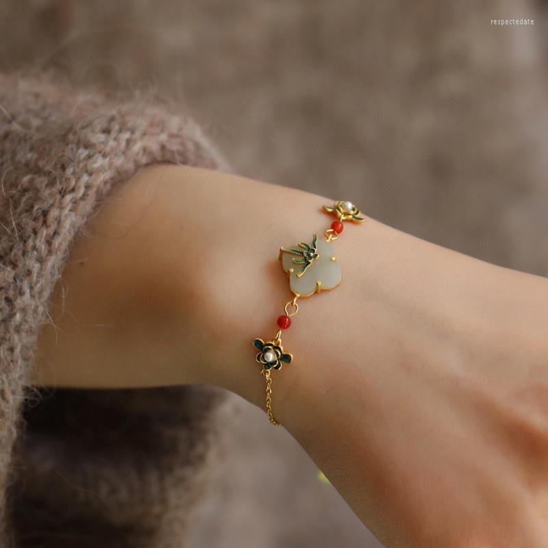 

Charm Bracelets Vintage Dainty Gold Bracelet Chinese Style Enamel Flower With Hetian Jade Elegant Jewelry For Women Wedding Valentine's