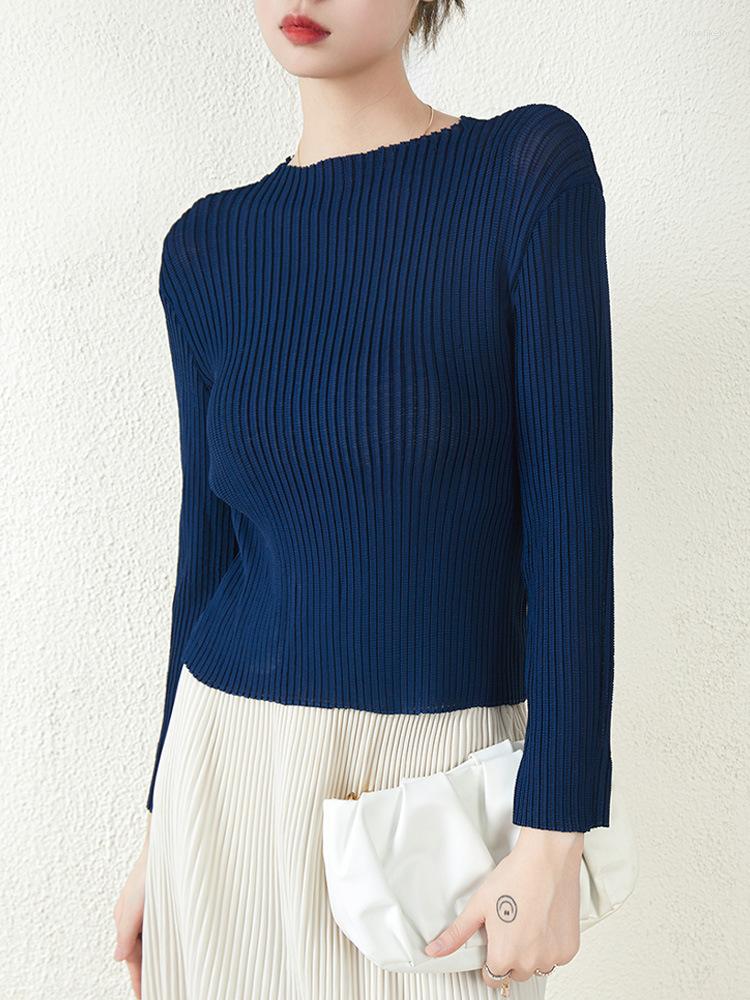 

Women's T Shirts Pleated Top Women's Miyake Elastic Slim Pullover Striped Long-sleeved T-shirt Solid Color Temperament Bottoming Shirt, Picture color