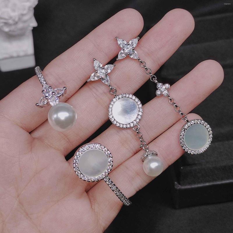 

Necklace Earrings Set 2022 Trendy Natural Fritillaria Pearl For Women Open Bracelets Crystal Gifts Girlfriend, Picture shown