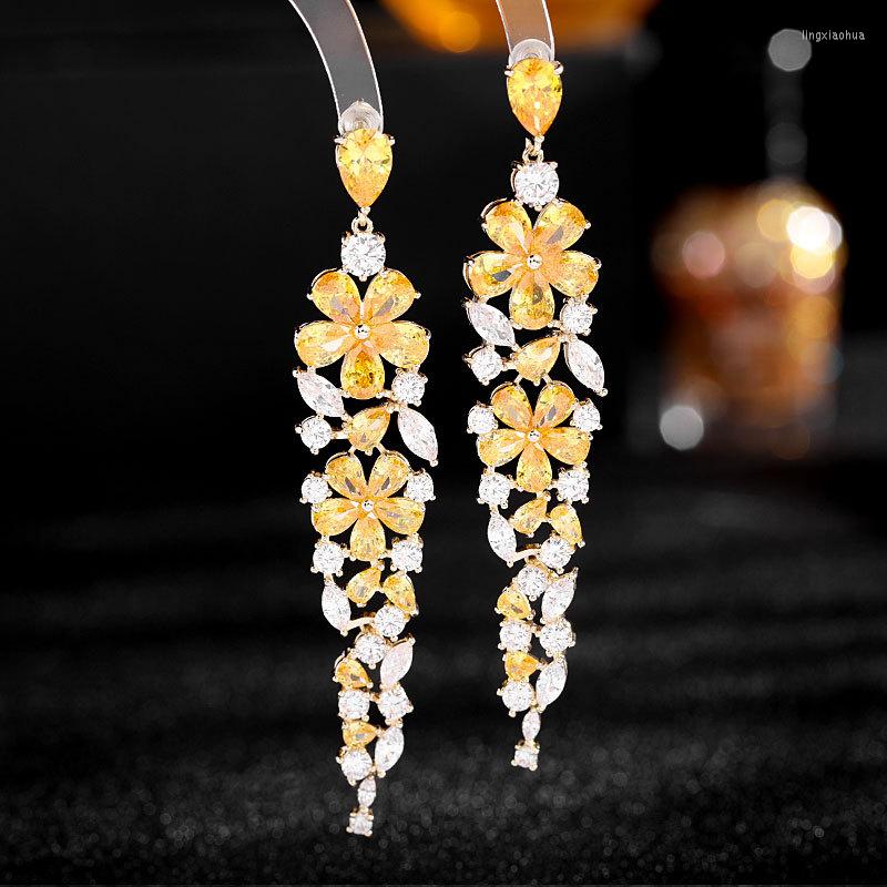 

Dangle Earrings 2022 Arrival Elegant Drop 925 Silver Needle Long Tassel Earings Bling Cubic Zirconia Women Party Ear Jewelry