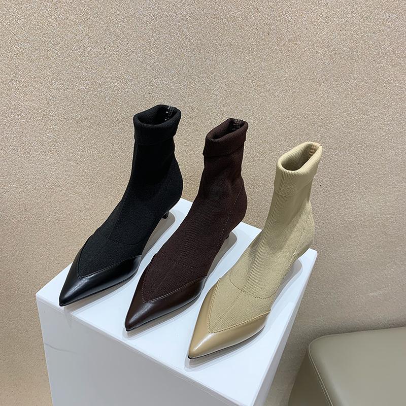 

Boots Pointed Toe Women Ankle Knitting Sock Botas Slip On Thin Low Heels Black Brown Beige Autumn Winter Short