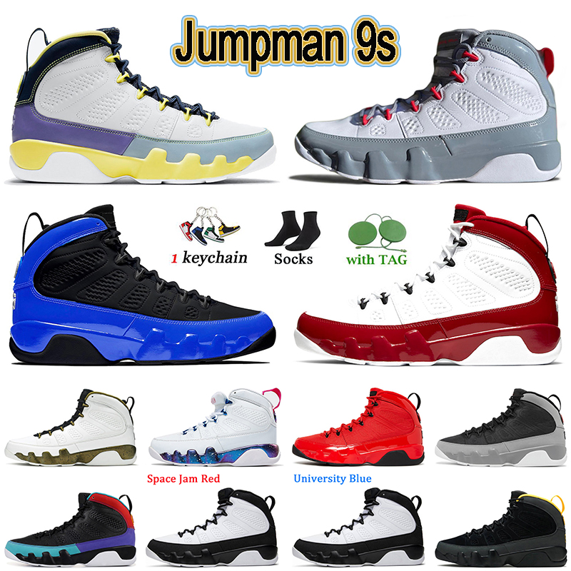 

Top Fashion Mens Jumpman 9 Basketball Shoes 9s Particle Grey Chile Gym Fire Red Change The World University Gold White Pink Multi Color Racer Blue Trainers Sneakers, D39 iridescent racer blue 40-47