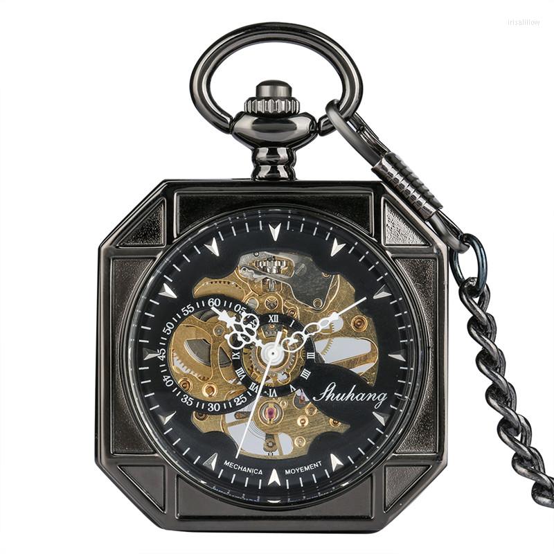 

Pocket Watches Steampunk Open Face Watch Men Women Hand-winding Mechanical Roman Numerals Dial Pendant Chain Fob Skeleton Clock, Black