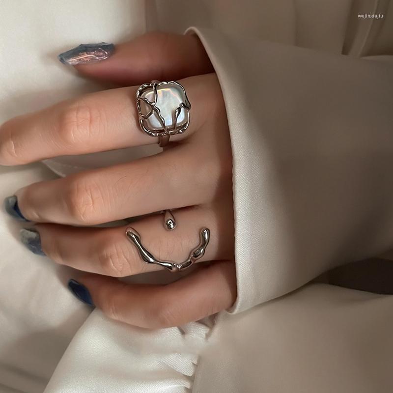 

Cluster Rings MENGJIQIAO Korean Vintage Trendy Square Freshwater Pearl Adjustable For Women Elegant Silver Color Finger Jewelry