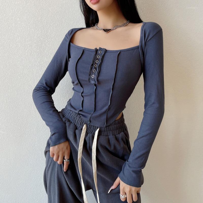 

Women' T Shirts XUXI Women Square Collar Tight T-shirt Thin Long Sleeve Stitching Arc Short Top Shirt Spring Autumn 2022 E4081, Black