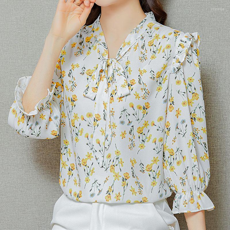 

Women' Blouses 2022 Summer French Style Floral Short Sleeve Women' Shirts Chiffon Tops Blusa Flare Clothing 3XL 4XL Yellow Green 2857