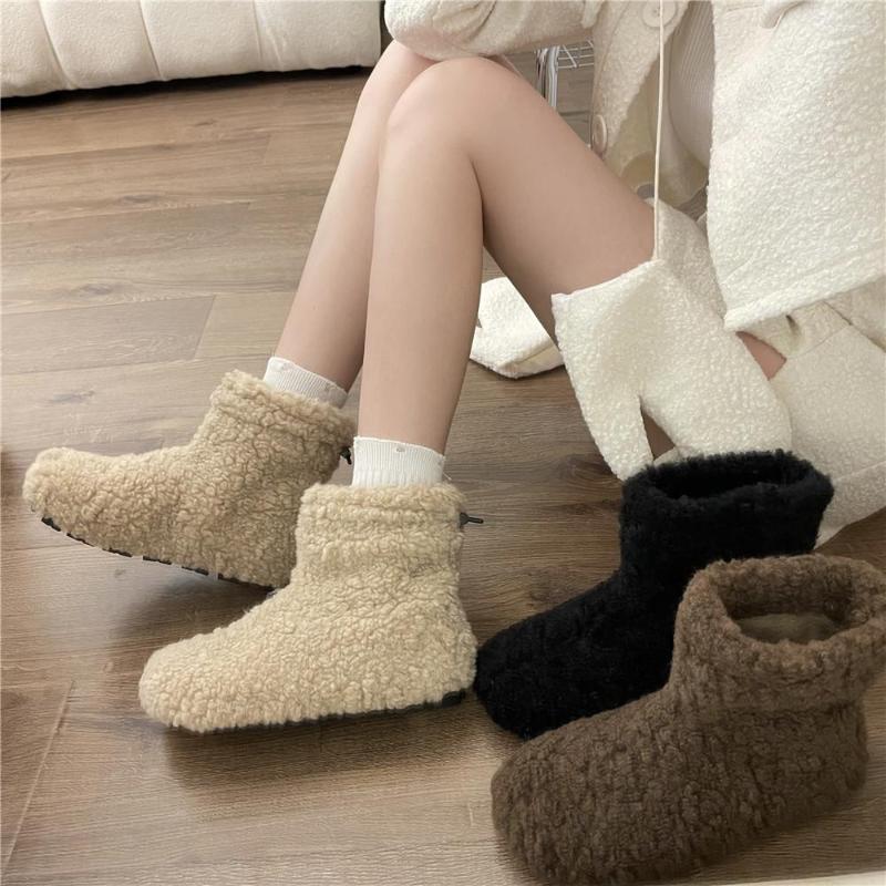 

Boots Round Toe Women Ankle Fur Design Shallow Short Botas Flat Low Heels Winter Snow Woman Elastic Band Dress Shoes 35-39, Black