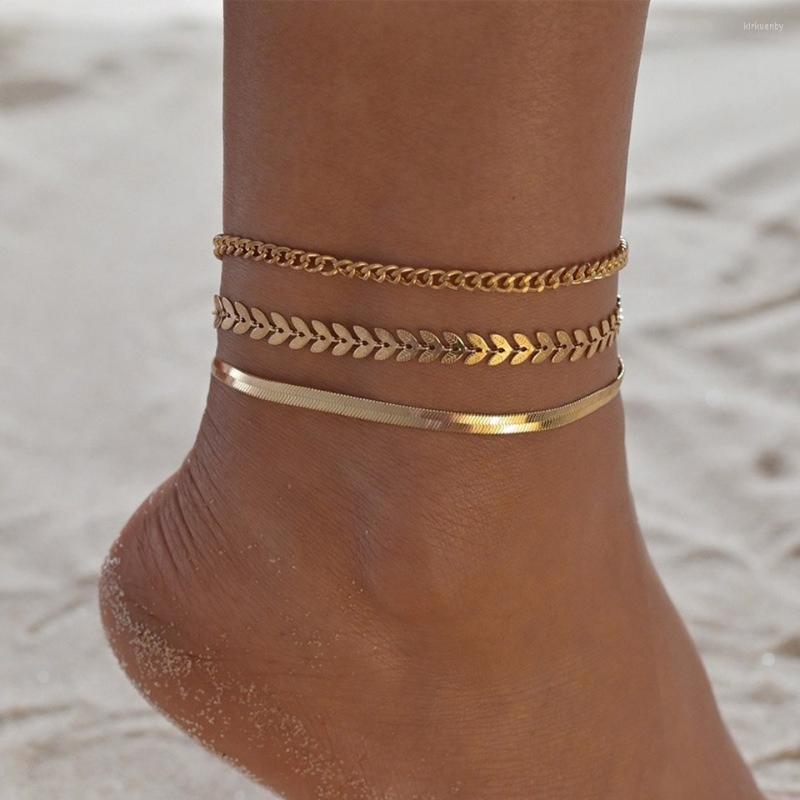 

Anklets MKOPSZ Simple Gold Color Wheat Ear Metal Three Layer Anklet For Women Stainless Steel Jewelry Fashion Beach Foot Gifts