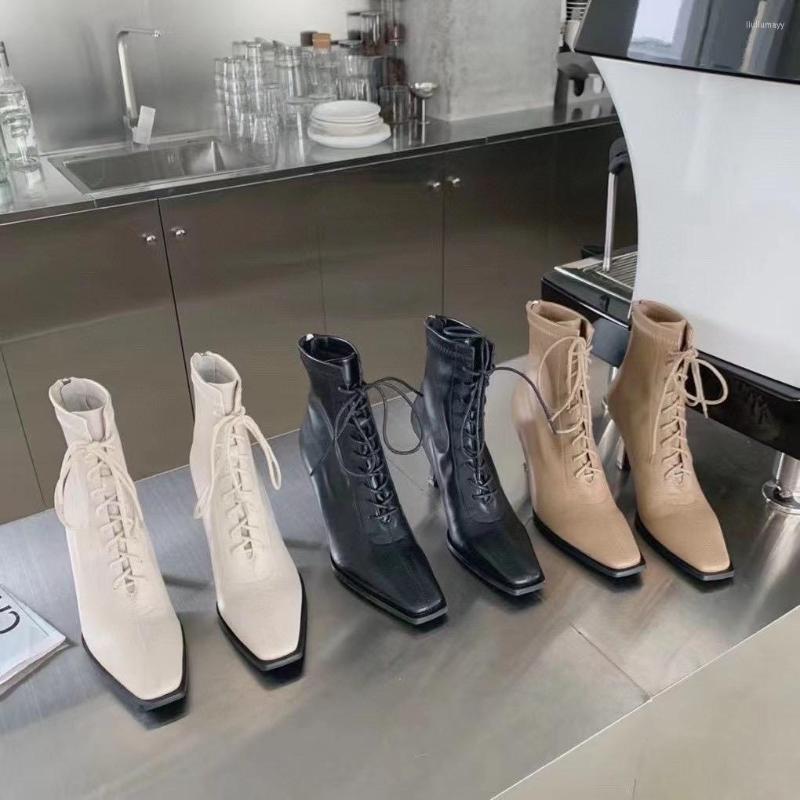

Boots Square Toe Women Ankle Cross Tied Lace Up Thin High Heels Back Zipper 2022 Fashion Sock Booties Beige Black Khaki 35-39