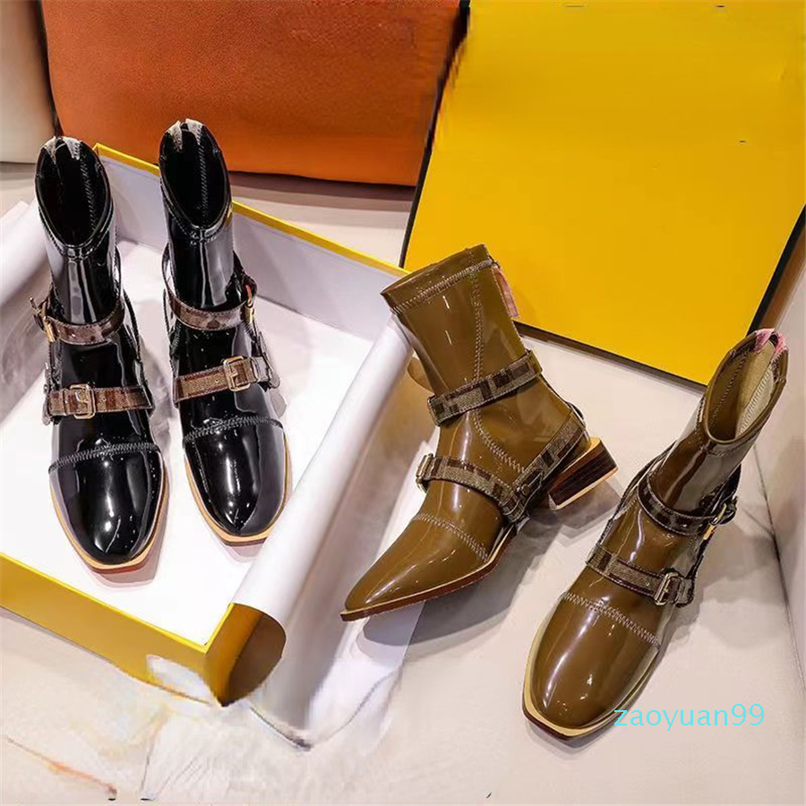 

2022 patent leather ankle boots for women Chunky heel French autumn/winter new mid-barrel elastic skinny boot with zipper low heel Martin boot, Customize