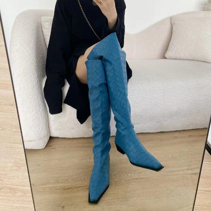 

Boots Weave Women Over The Knee Square Toe Fashion Winter Knight Booties Flat Mid Heels Back Zipper Black/Beige/Blue Party Pumps