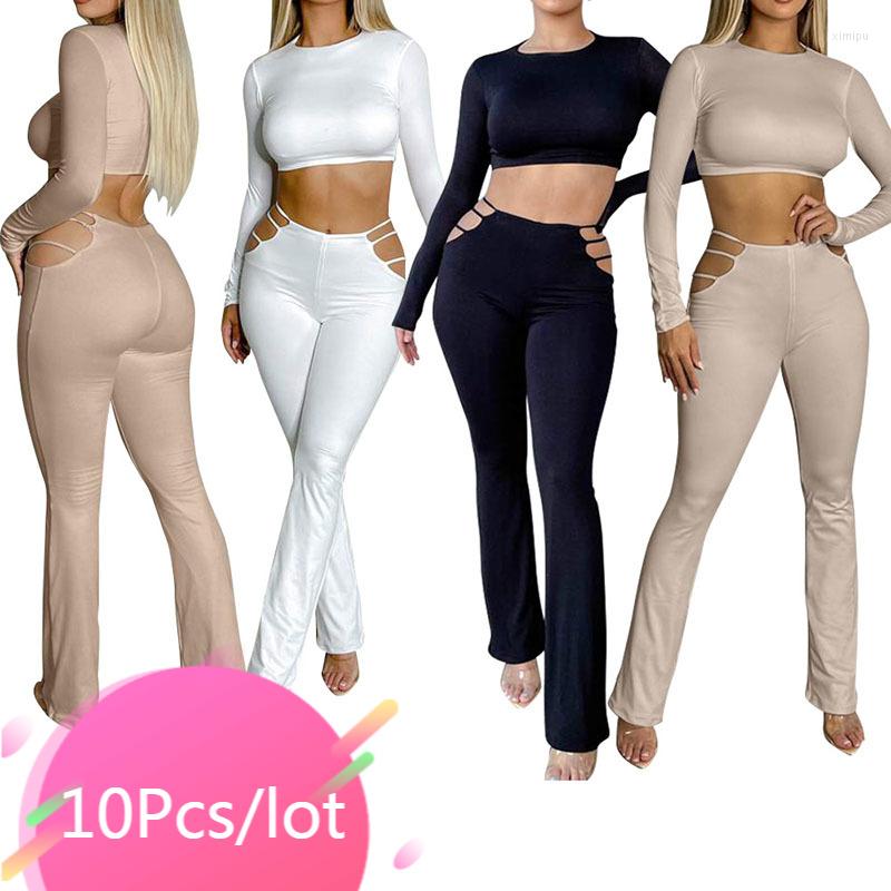 

Women' Two Piece Pants Bulk Items Wholesale Lots Sets Long Sleeve Crop Top Bodycon Hollow Out Matching Set Women Fall Club Outfits 2022, Black