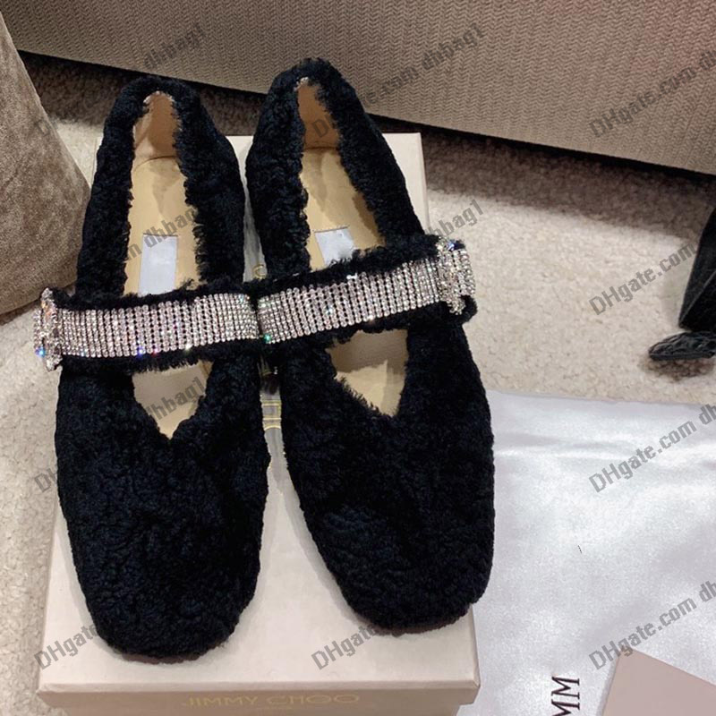 

Classic Womens Fur Elastic Slip-on Dress Shoes Flat Heels Loafers Full Drill Booties Chain Warm Comfy Slides Ballet Shoe Designer Casual Square Toes Elegant Mule