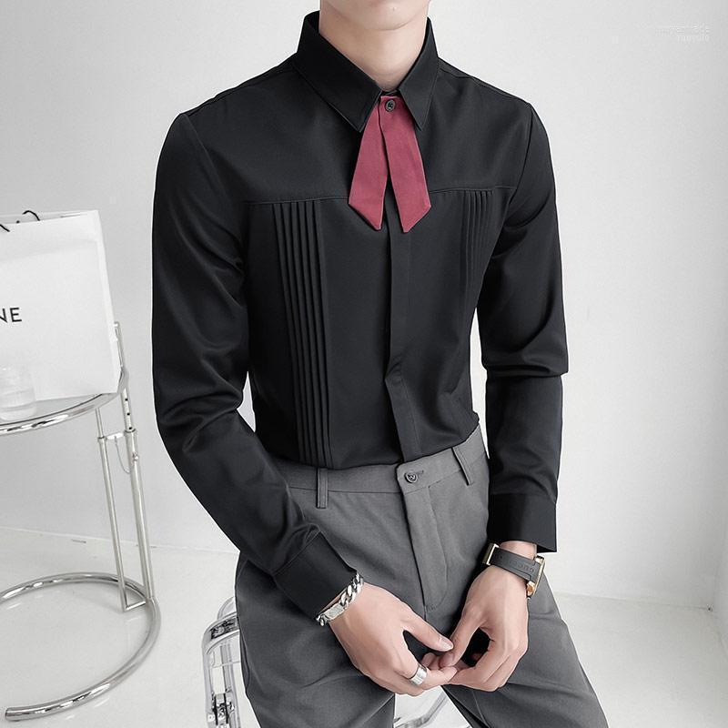 

Men's Casual Shirts Men's Luxury Men Wedding Party Shirt Korean Fashion Designer Pleated Slim Fit Long Sleeve Dress Social Streetwear, White