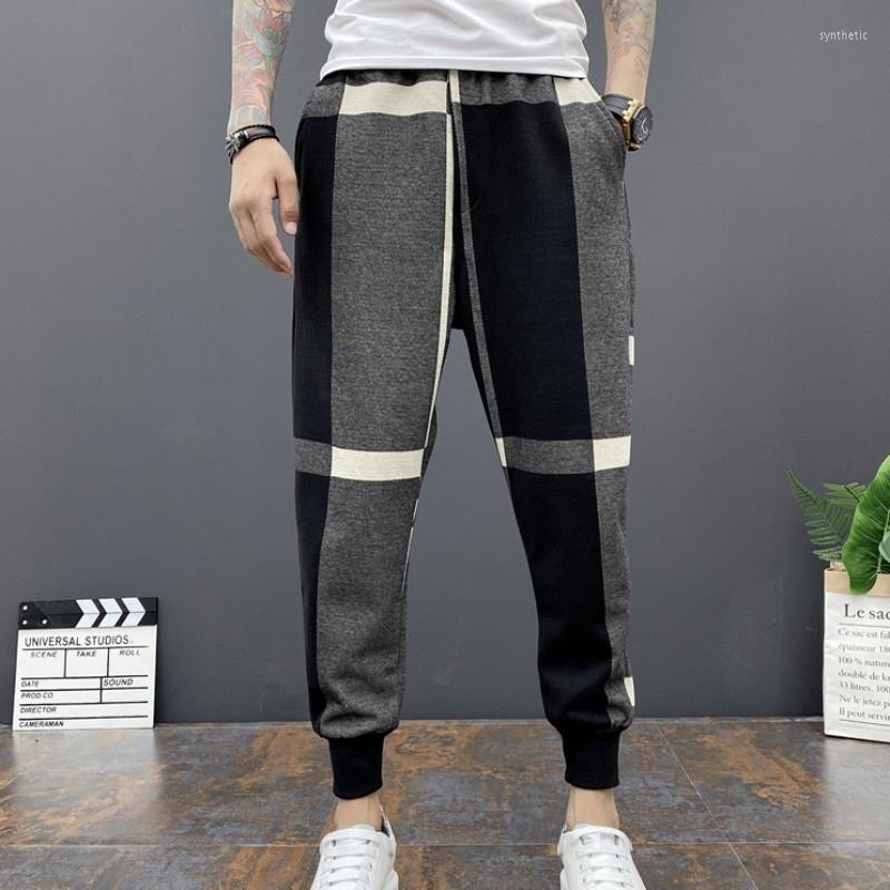 

Men's Pants Men Woolen Casual Pencil Patchwork Plaid Ankle Length Harem Male Autumn Winter Slim Fit Micro-Elasticity Black