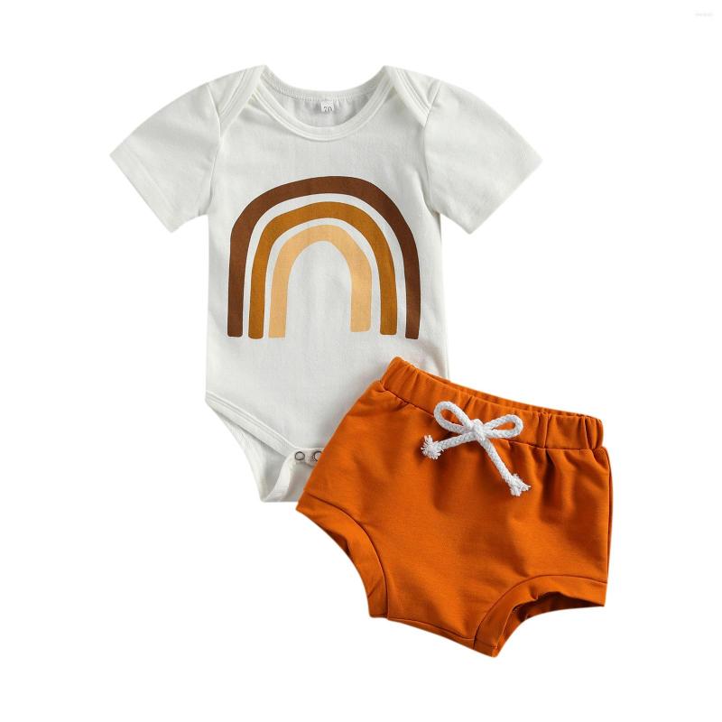

Clothing Sets 2 Pieces Kids Baby Girls Suit Set Rainbow Print Round Collar Short Sleeve Romper Solid Color Shorts For Summer White, Picture shown