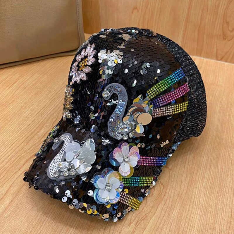 

baseball women's sequined swan sunscreen peaked cap summer sun hat color hat, Red