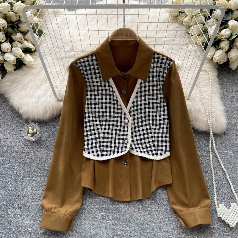 

Women's Blouses French Chic Blouse Fake Two Pieces Shirts Women Turn Down Collar Shirt Tops Casual Lantern Sleeve Blusas Drop, Black