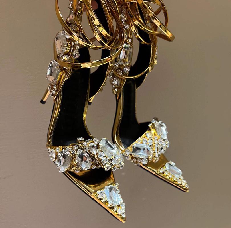 

Tom pure hand sewn crystal decoratefine high-heeled sandals luxury gold winding bandage pointed toe 101mm women's designers street style shoes factory footwear