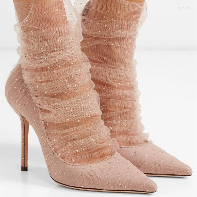 

Dress Shoes Mesh Pumps Woman Pointed Toe High Heels Fashion Champagne Glittering Zipper Stilettos Chaussure Femme, Black 9cm