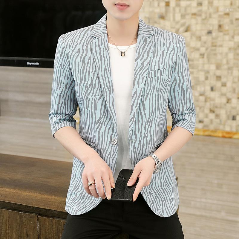 

Men's Suits HOO 2022 Men's Summer Thin Zebra Pattern Printed Half Sleeve Blazer Youth Casual Slim Mid-Sleeve, White