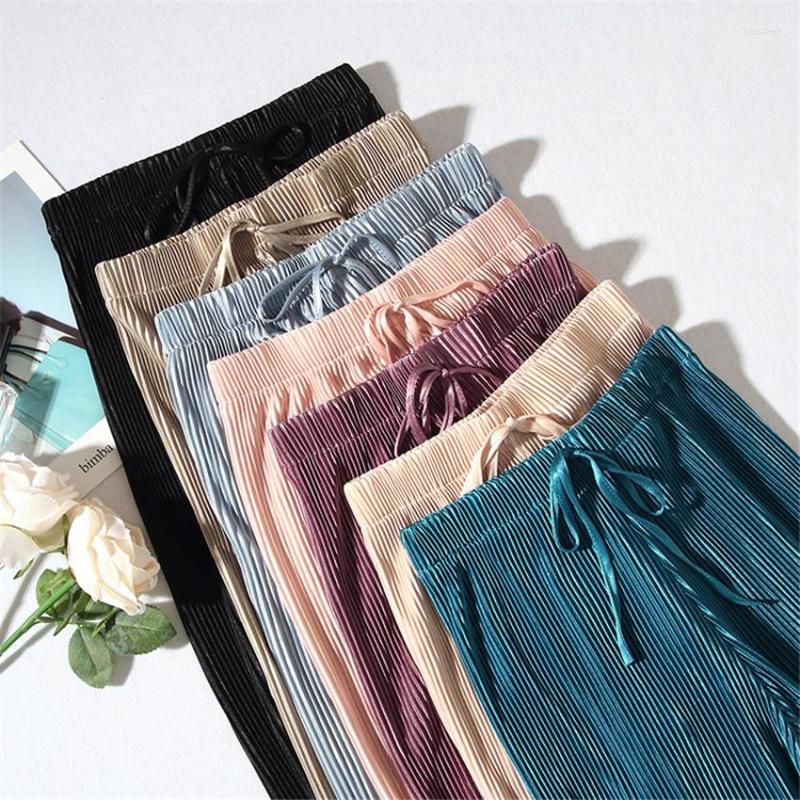 

Women' Pants 2022 Fashion Women Chiffon Wide Leg Pant Casual Ankle-Length Pleated Summer Female Eastic Waist Thin Trousers WZ771, Black